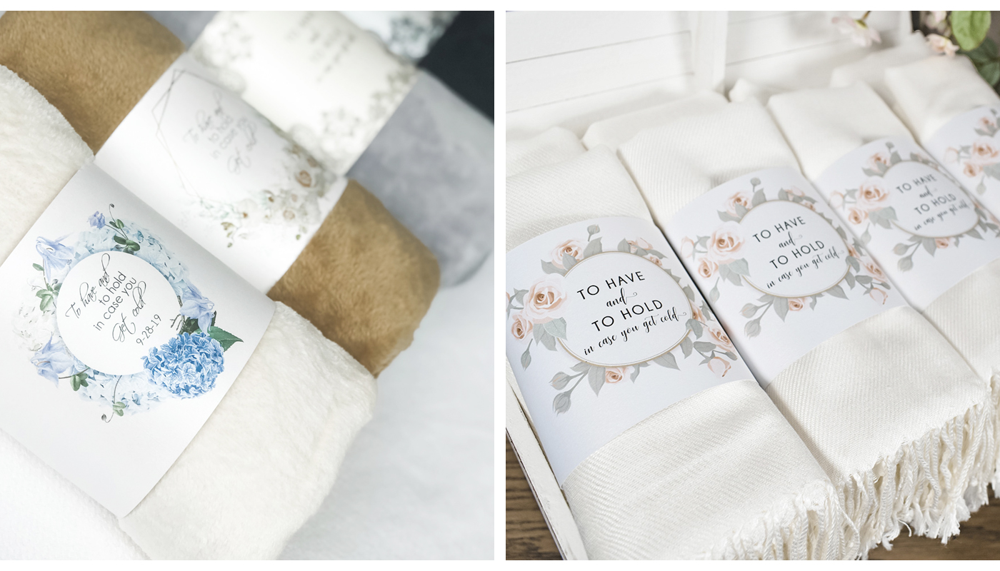 wedding favor personalized bands for pashminas, flip flops, blankets