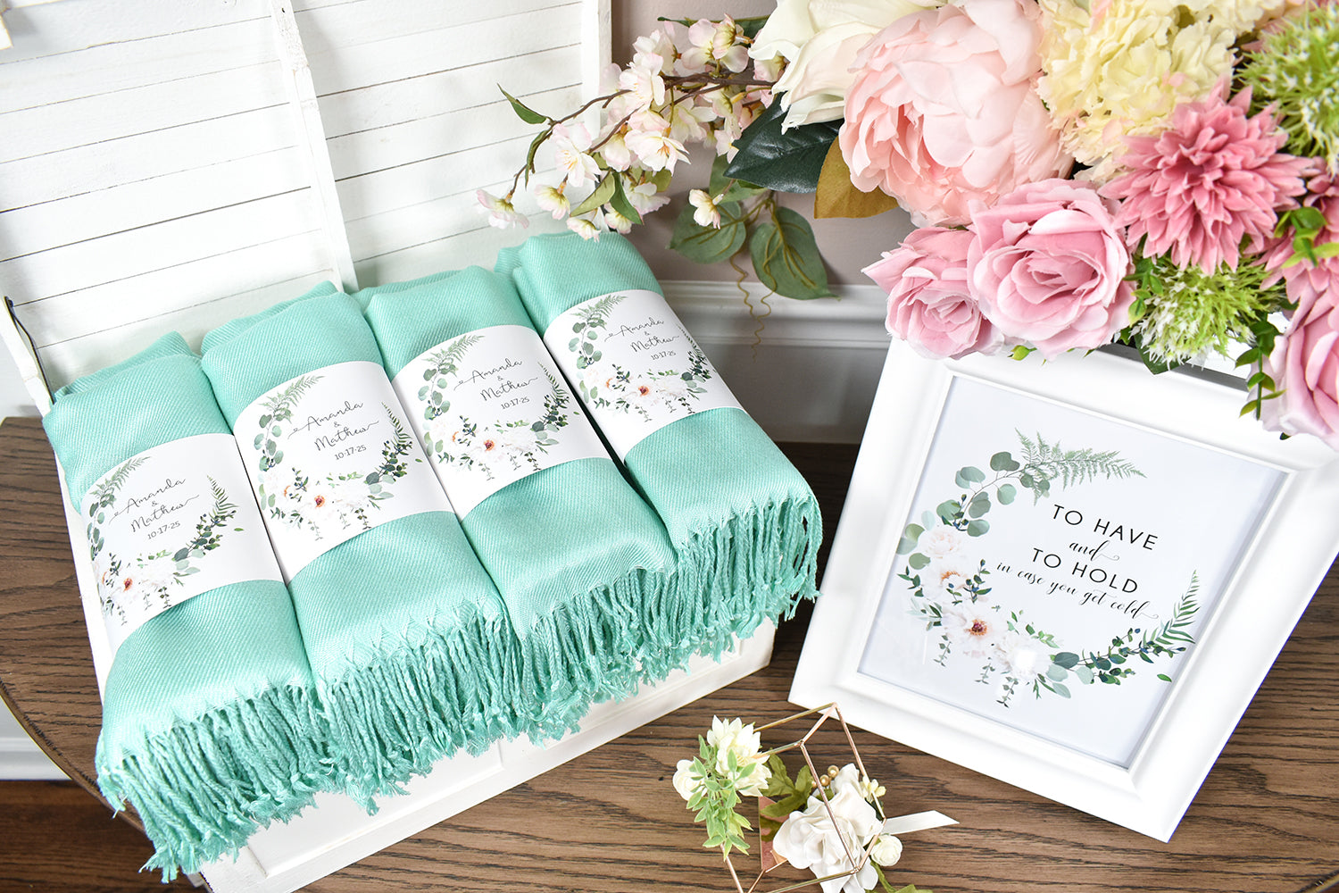 10 Pashmina Mint Shawls & Band - Bridesmaid Pashmina, Wedding Favors, Bridal Shower