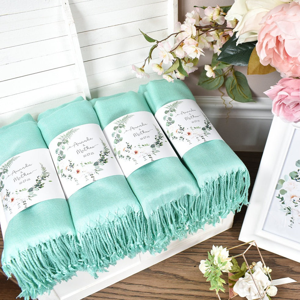 10 Pashmina Mint Shawls & Band - Bridesmaid Pashmina, Wedding Favors, Bridal Shower