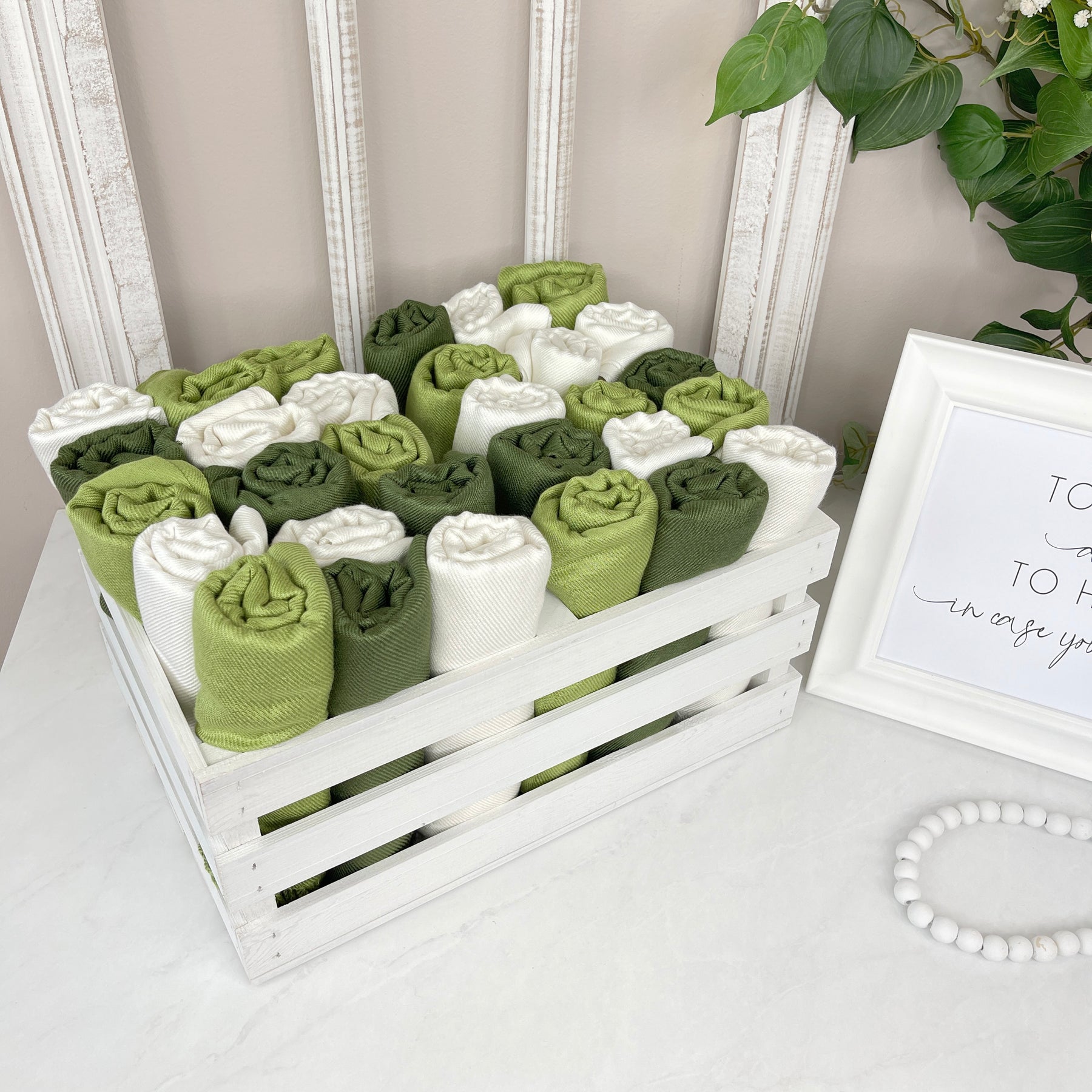 30 Pashmina Shawls & Whitewash Handle Crate - Wedding Favors, Bridal Shower, Bridesmaid Pashmina Gift