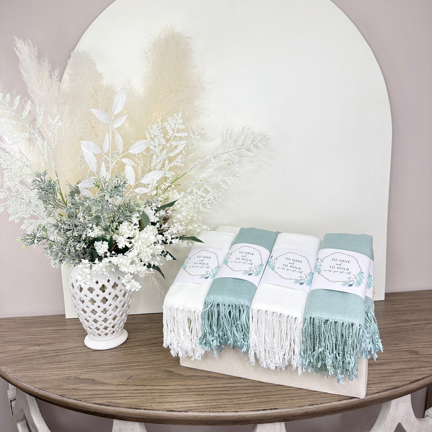 Natural Sage 30 Pashmina Shawls, Bands & Whitewash Handle Crate - Wedding Favors, Bridal Shower, Bridesmaid Gift
