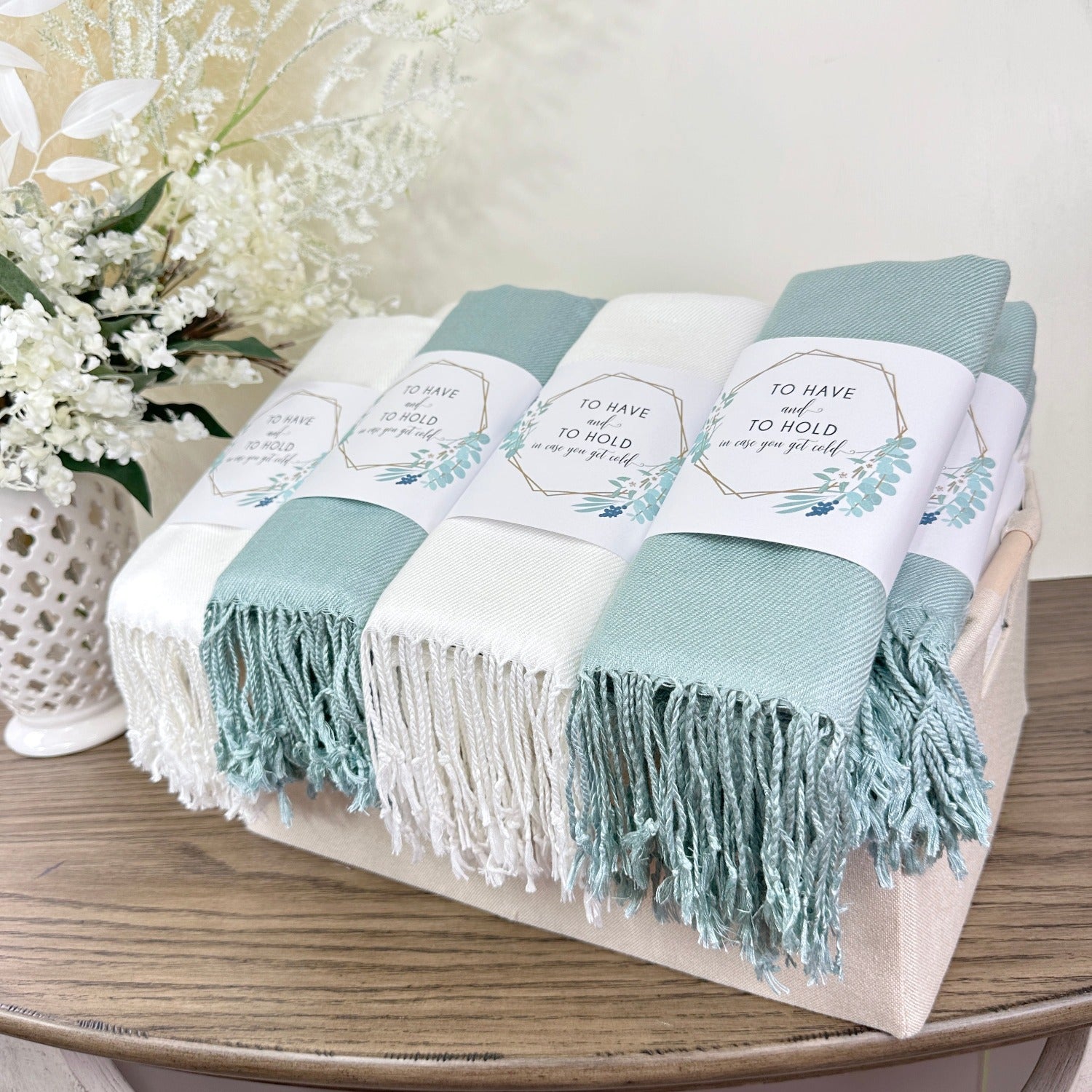 Natural Sage 30 Pashmina Shawls, Bands & Whitewash Handle Crate - Wedding Favors, Bridal Shower, Bridesmaid Gift