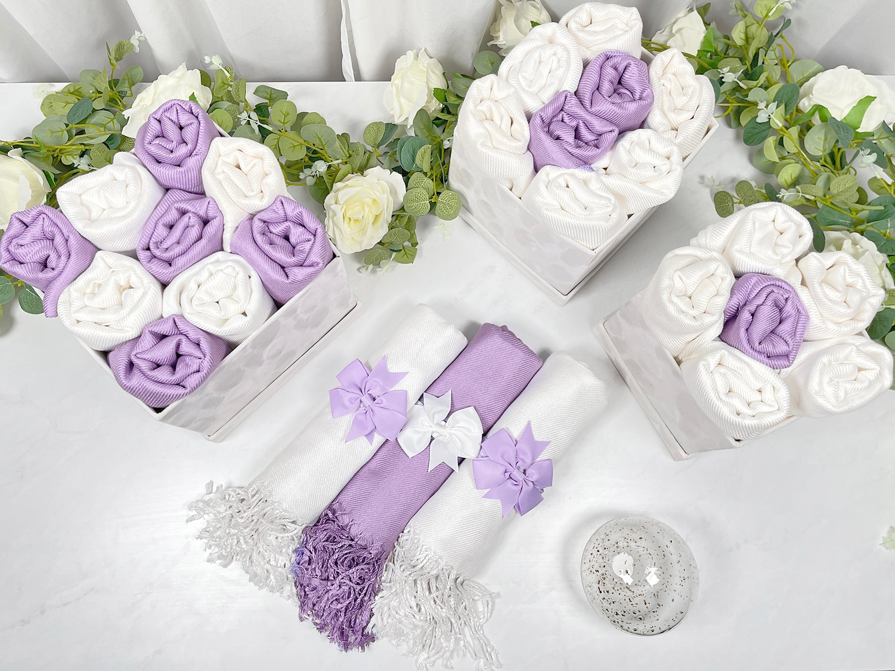 30 Purple & Ivory Pashmina Bundle Velvet Square La Fleur - Wedding Favors, Bridal Shower, Bridesmaid Gift