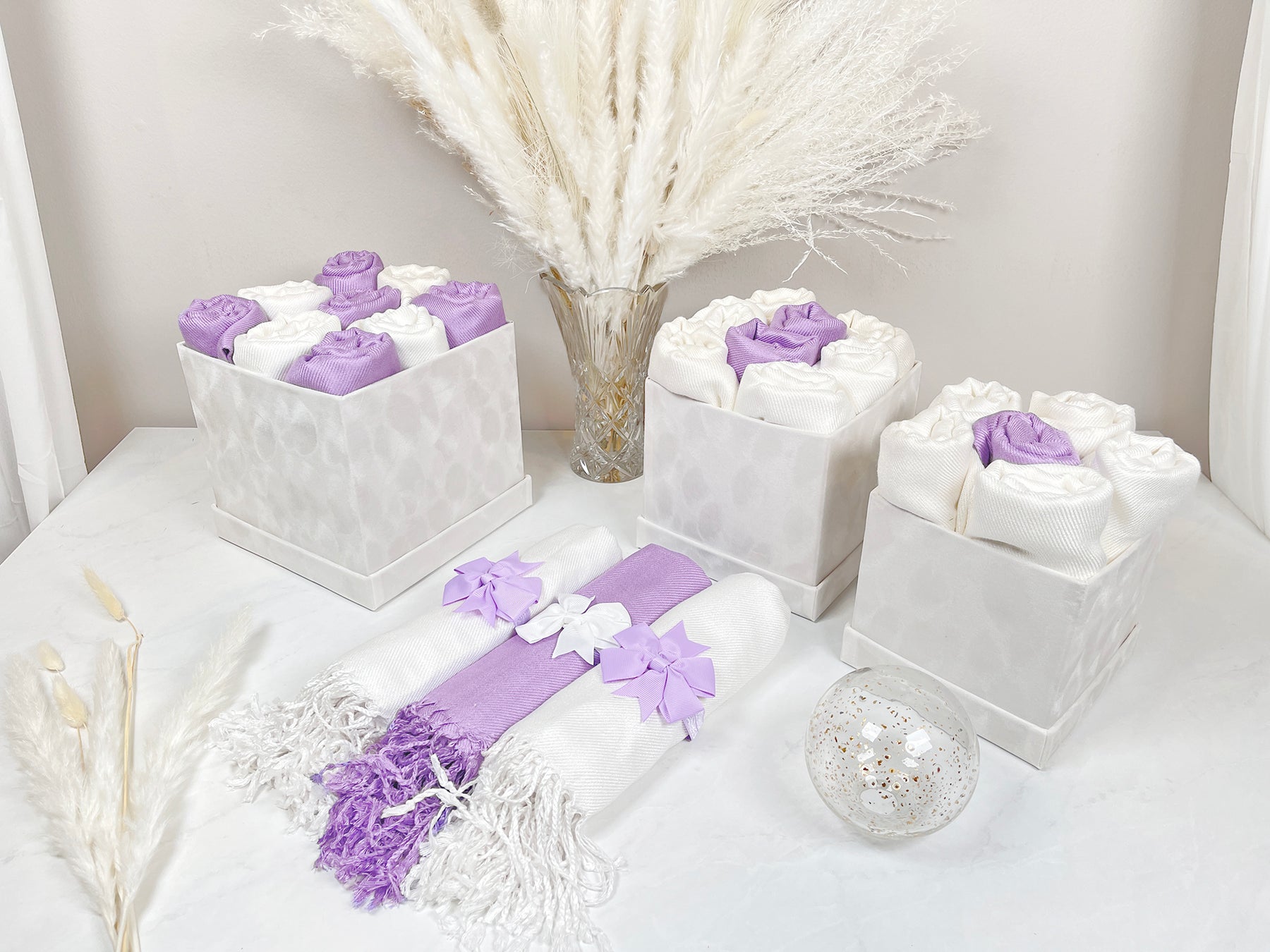 30 Purple & Ivory Pashmina Bundle Velvet Square La Fleur - Wedding Favors, Bridal Shower, Bridesmaid Gift