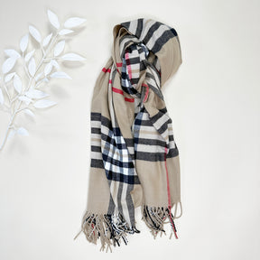 Tan Plaid Cashmere Pashmina Shawl