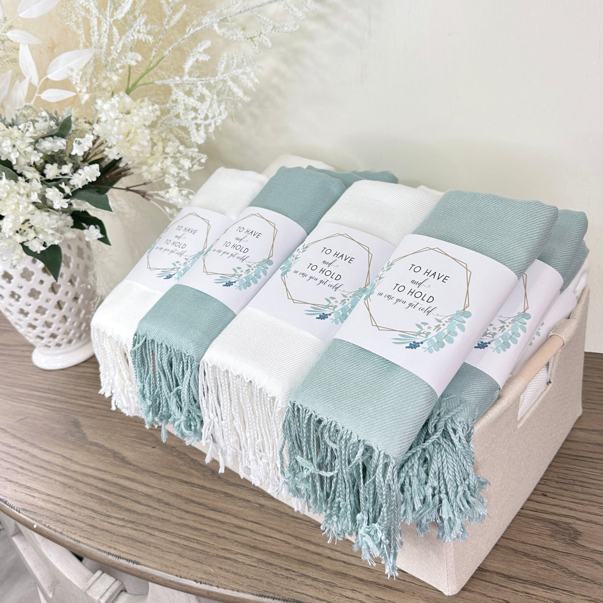 Natural Sage 30 Pashmina Shawls, Bands & Whitewash Handle Crate - Wedding Favors, Bridal Shower, Bridesmaid Gift