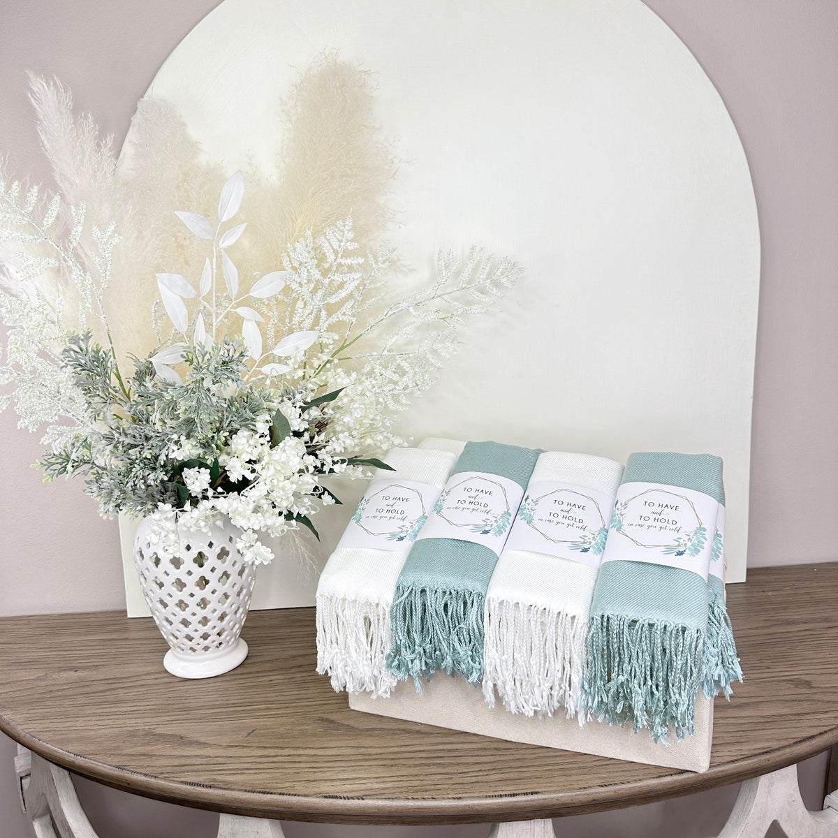 Natural Sage 30 Pashmina Shawls, Bands & Whitewash Handle Crate - Wedding Favors, Bridal Shower, Bridesmaid Gift