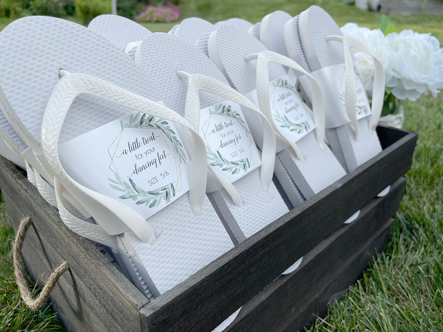 Wedding flip flop basket with attached sign hire for sale in Co
